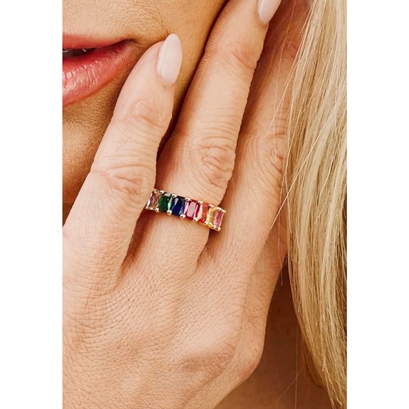 New 18K Gold Plated Emerald-Cut Rainbow Created-Gemstone Eternity Ring sz5-10 - Picture 3 of 4